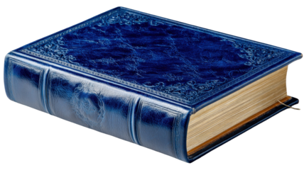 Antique blue leather-bound book with gold leaf edges against transparent background