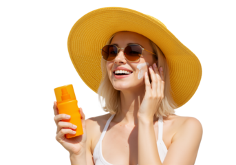 Sunscreen Delight: A radiant woman, shielded by a broad sunhat and sunglasses, applies sunscreen, embodying summer bliss. The image encapsulates sun protection, beauty, and the joy of outdoor moments.