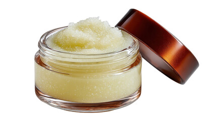 Close-up shot of luxurious lip scrub in a glass jar with open lid on transparent background