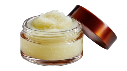 Close-up shot of luxurious lip scrub in a glass jar with open lid on transparent background