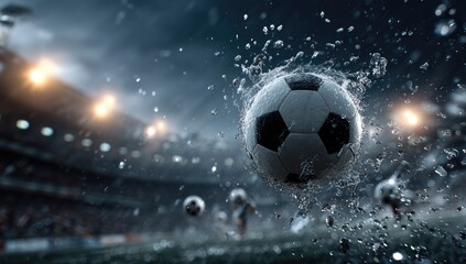 Fototapeta premium A wet soccer ball in mid-air, surrounded by water droplets, blurry stadium background and out-of-focus players. Dramatic lighting emphasizes the action