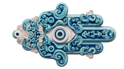 Stylized 3D charm of a Hamsa hand with swirling details and eye symbol, plastic cartoon design, isolated on transparent background 