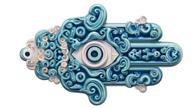 Stylized 3D charm of a Hamsa hand with swirling details and eye symbol, plastic cartoon design, isolated on transparent background 