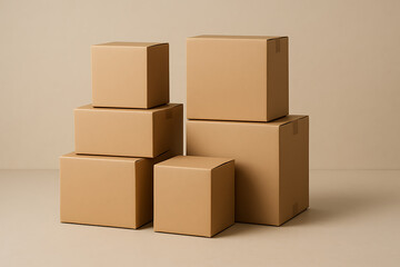 Obraz premium Stacked cardboard shipping boxes on beige background, packaging delivery containers arrangement, logistics transport scene, parcel stack group, storage distribution warehouse minimalist concept
