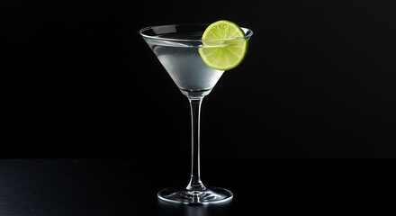 An elegant martini glass with a lemon slice and ice on a minimalist black background