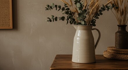 Rustic Home Decor with Eucalyptus and Dried Grasses in Ceramic Pitcher on Wooden Table