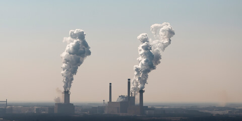 Industrial power station with large chimneys releasing thick clouds of smoke into the sky, symbolizing environmental pollution, climate change, and fossil fuel dependency