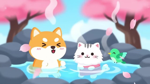 Cute Dog Cat and Bird Relaxing in a Japanese Onsen with Cherry Blossoms.