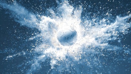 A white soccer ball explodes in a burst of bright, icy particles against a dark blue background, creating a dynamic, energetic image