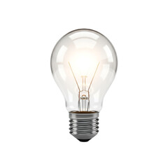 A classic incandescent light bulb with a visible filament glowing brightly isolated on transparent background