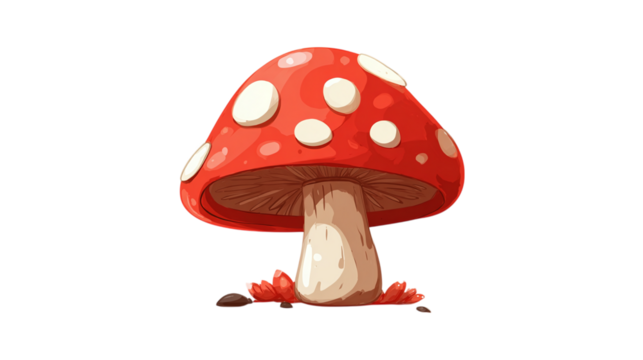 Red mushroom icon with cartoon stem, stylized forest item. Isolated on transparent background 