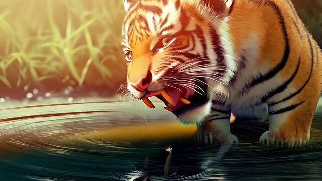 Conceptual: a small tiger cub reflected in a pool of water, seeing a mirrored adult tiger inside. Concept of courage, potential, threat and fear. Ambition, dreaming, twinning, ambition and overrating.
