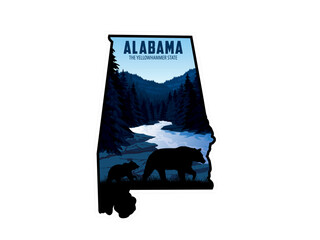 Alabama vector sticker with black bear family and Little River Canyon National Preserve