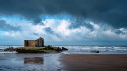 Ancient shore ruins under stormy skies. AI image