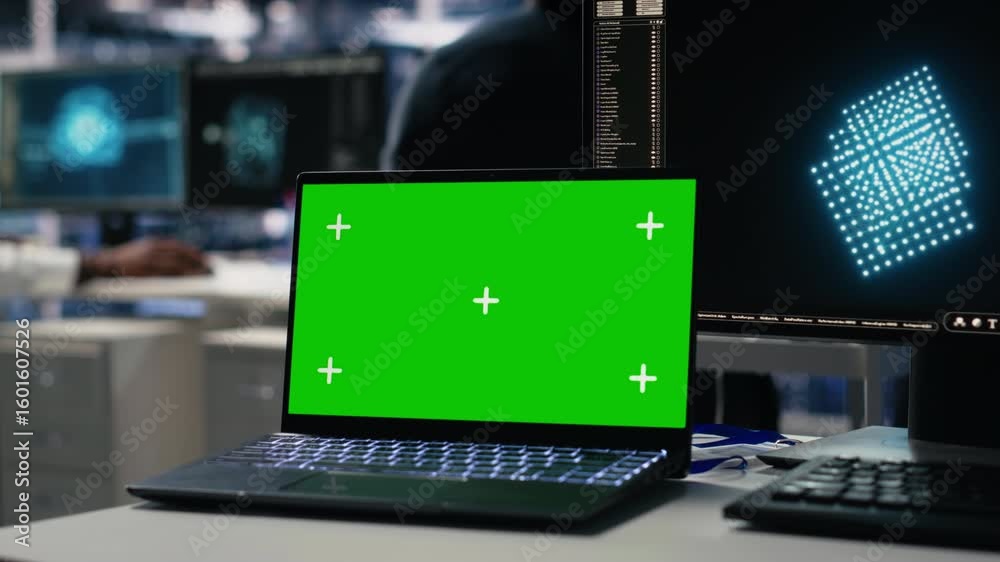 Poster data center engineer working on neural network software development on chroma key laptop. server roo