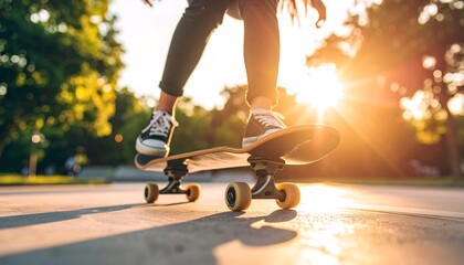 Riding Skateboard at Sunset in Park with Sunflare