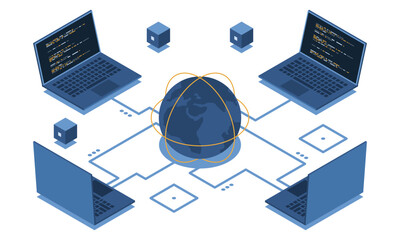Isometric laptop connected with globe. Global communication internet network. Storage and communication technology. Isometric technology