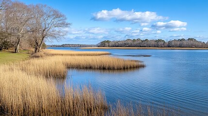 Tranquil river scene with golden reeds