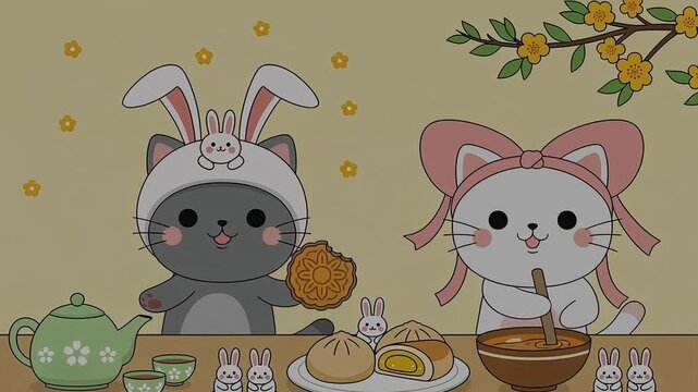 Mid-Autumn Festival: Animated Cats Celebrate with Mooncakes and Tea.