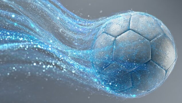 A white soccer ball in motion, trailing shimmering, light-blue energy particles against a neutral gray backdrop. The effect suggests speed and dynamism - Powered by Adobe