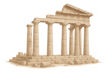 Weathered greek temple illustration, architectural details revealing ancient stonework and classical design elements against transparent background
