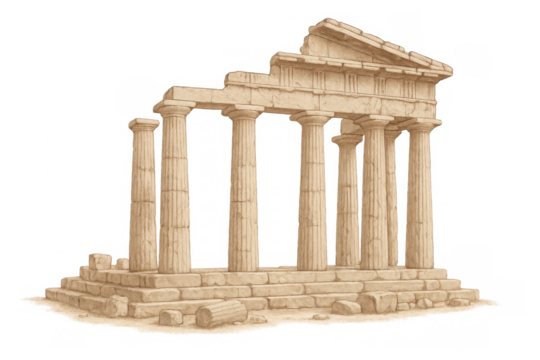 Weathered greek temple illustration, architectural details revealing ancient stonework and classical design elements against transparent background