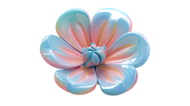 Plastic cartoon flower icon in pastel colors, 3D floral illustration. Isolated on transparent background 