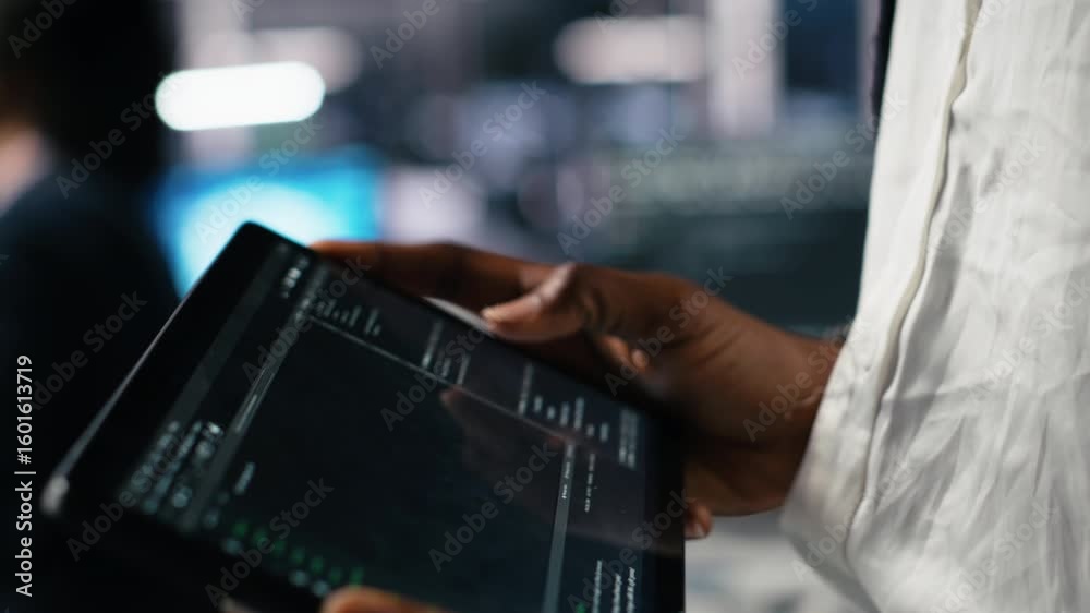 Poster close up of data center software developer using tablet to review code for automation scripts. serve