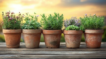 Fototapeta premium Potted plants stand on wood against sunset sky