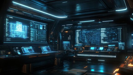 Futuristic command center with blue neon glows. AI image