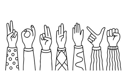 Doodle hand gesture set. Different gestures okay, thumb up, peace, pointing, love, waving hand. Hand drawn Vector illustration.