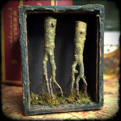 Miniature tree figures in antique box, mossy base, dark background; art, decor, fantasy