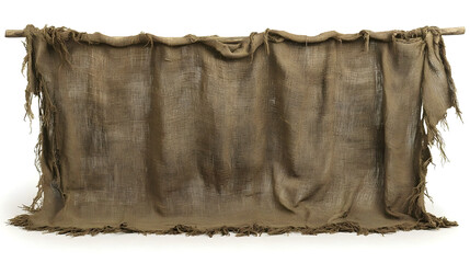 Rustic burlap curtain backdrop; simple, textured fabric hanging from a wooden rod against a white background; ideal for rustic or historical settings