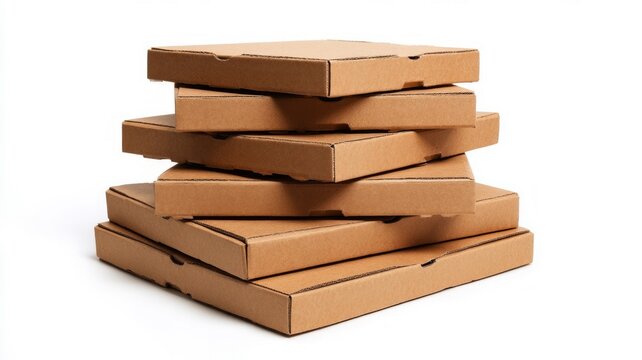 Stack of pizza boxes on white background. AI image