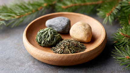 Nordic pagan winter holidays flat lay with dried herbs and stones - nature-inspired decoration