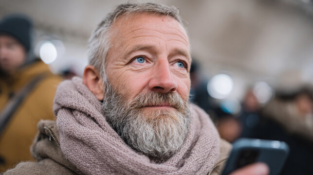 Thoughtful senior man with beard holding smartphone in winter attire