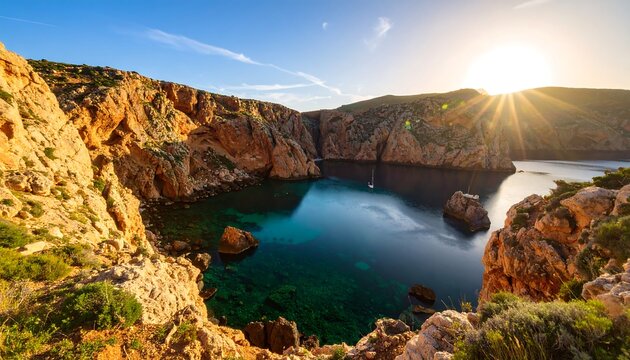 Rocky Coastal Cove at Sunrise with Turquoise Water and Distant Sailboat