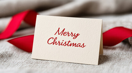 Merry christmas card with red silk ribbon on textured linen for holiday wishes