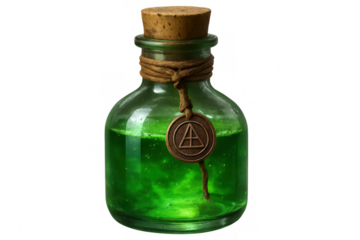 Green magic potion bubbling in a glass bottle with a cork and a mysterious symbol, isolated on transparent background