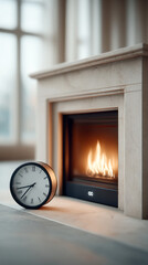Elegant vertical digital clock displayed on a cozy fireplace mantel