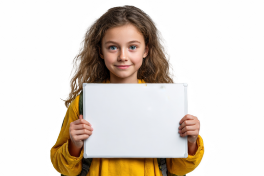 Smiling Schoolgirl Holding Blank White Sign, Isolated on White Background - Powered by Adobe
