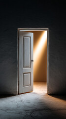 Mysterious door opening with dramatic light beam for inspirational design and imagination themes