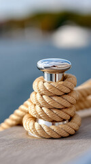 Macro detail of yacht cleat with sunlit golden rope for nautical and marine design