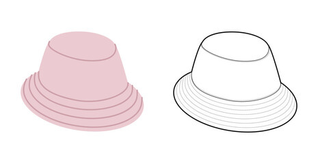 Minimal Bucket Hat. Summer Head Fashion accessory cap with narrow brim clothing technical illustration. Vector headgear for Men, women, unisex style, flat template CAD mockup sketch outline isolated