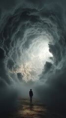 Majestic storm cloud formation above silhouette of person in deep reflection