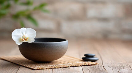 Peaceful zen still life with orchid and stones on tabletop
