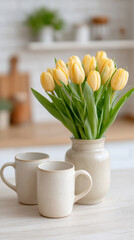 cup of coffee with tulips