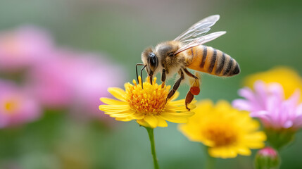 Macro photography of bee pollinating vibrant wildflowers in natural habitat