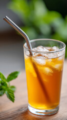 Refreshing iced herbal tea with reusable metal straw for eco-friendly living