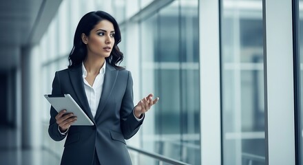 Professional woman in a business attire holding a tablet